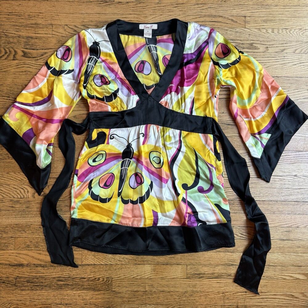 Y2K 100% Silk Kimono Tunic Top Small Yellow Butterfly Festival Boho Whimsy Fairy